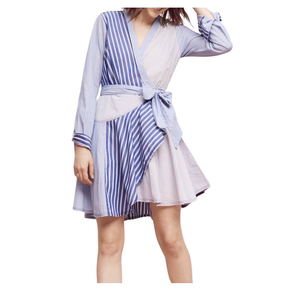 Anthropologie Blue and White Striped Long Sleeve Wrap Dress